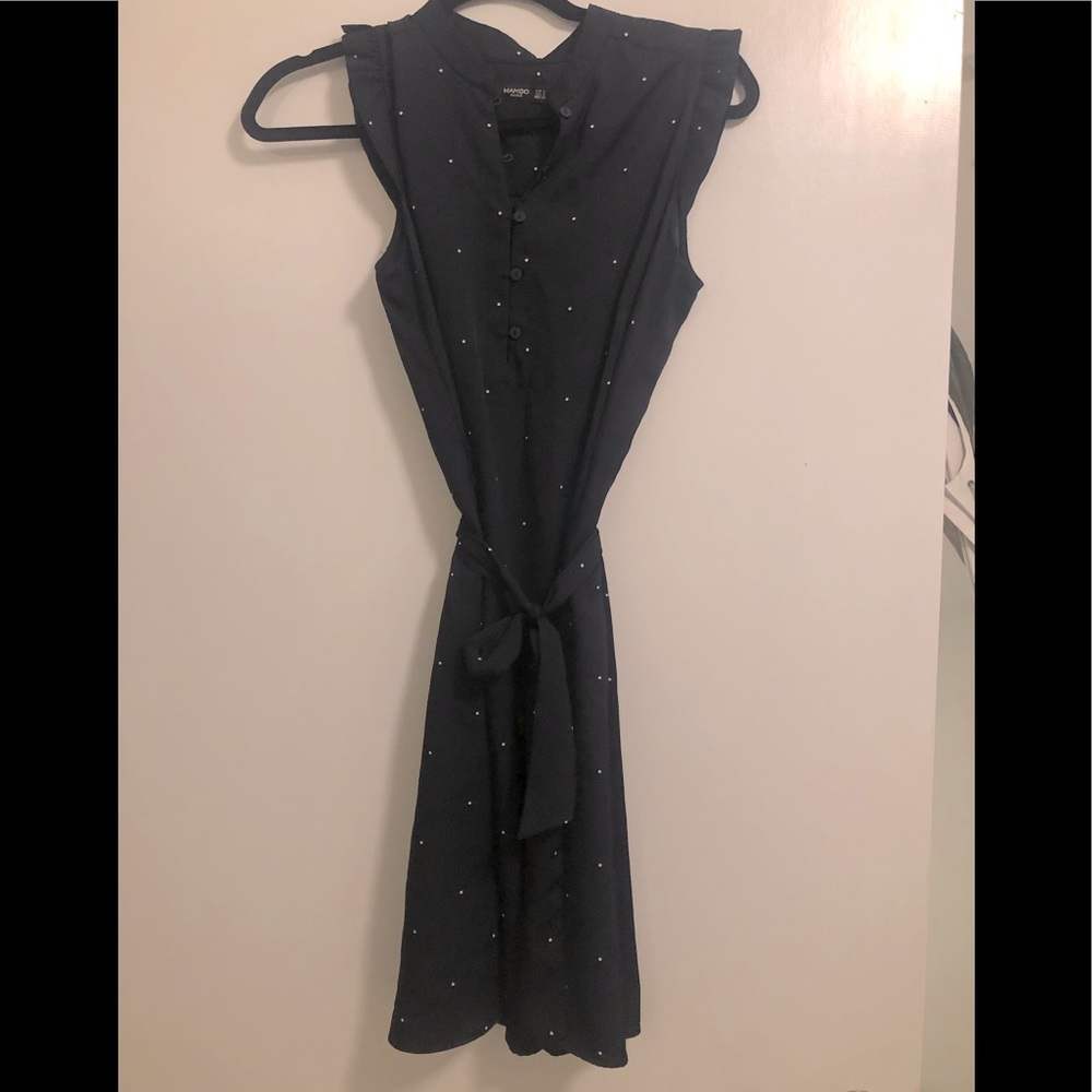 Mango navy polka dot dress with frill sleeves